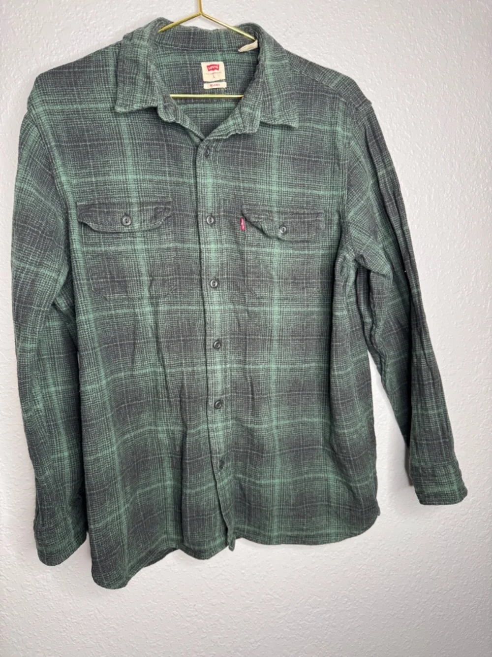Levis Flannel Shirts Men Large Green Black Relaxed Fit Plaid Button‎ up Pocket